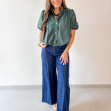 Puff Sleeve Bubble Hem Top- Green