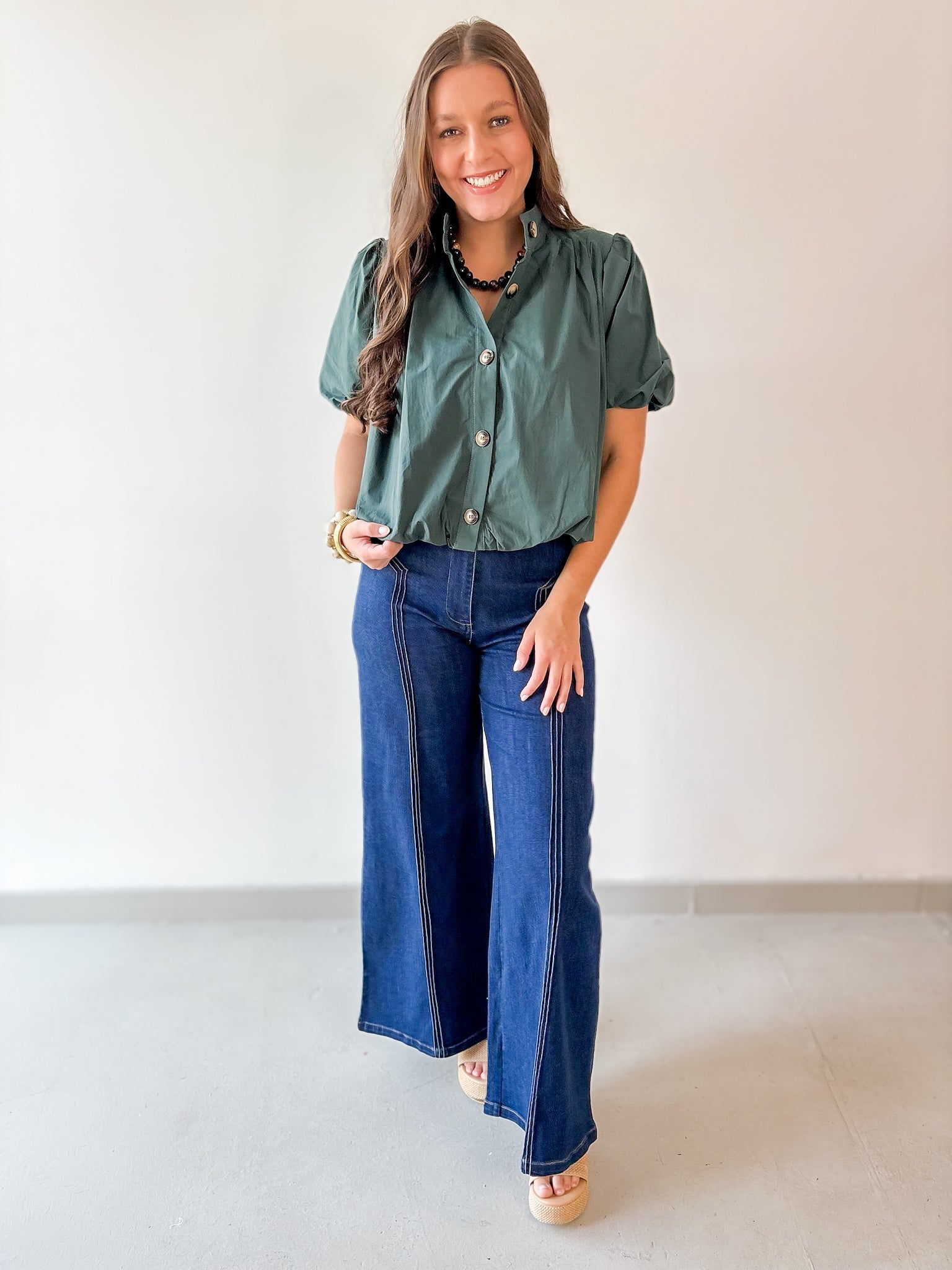 Puff Sleeve Bubble Hem Top- Green