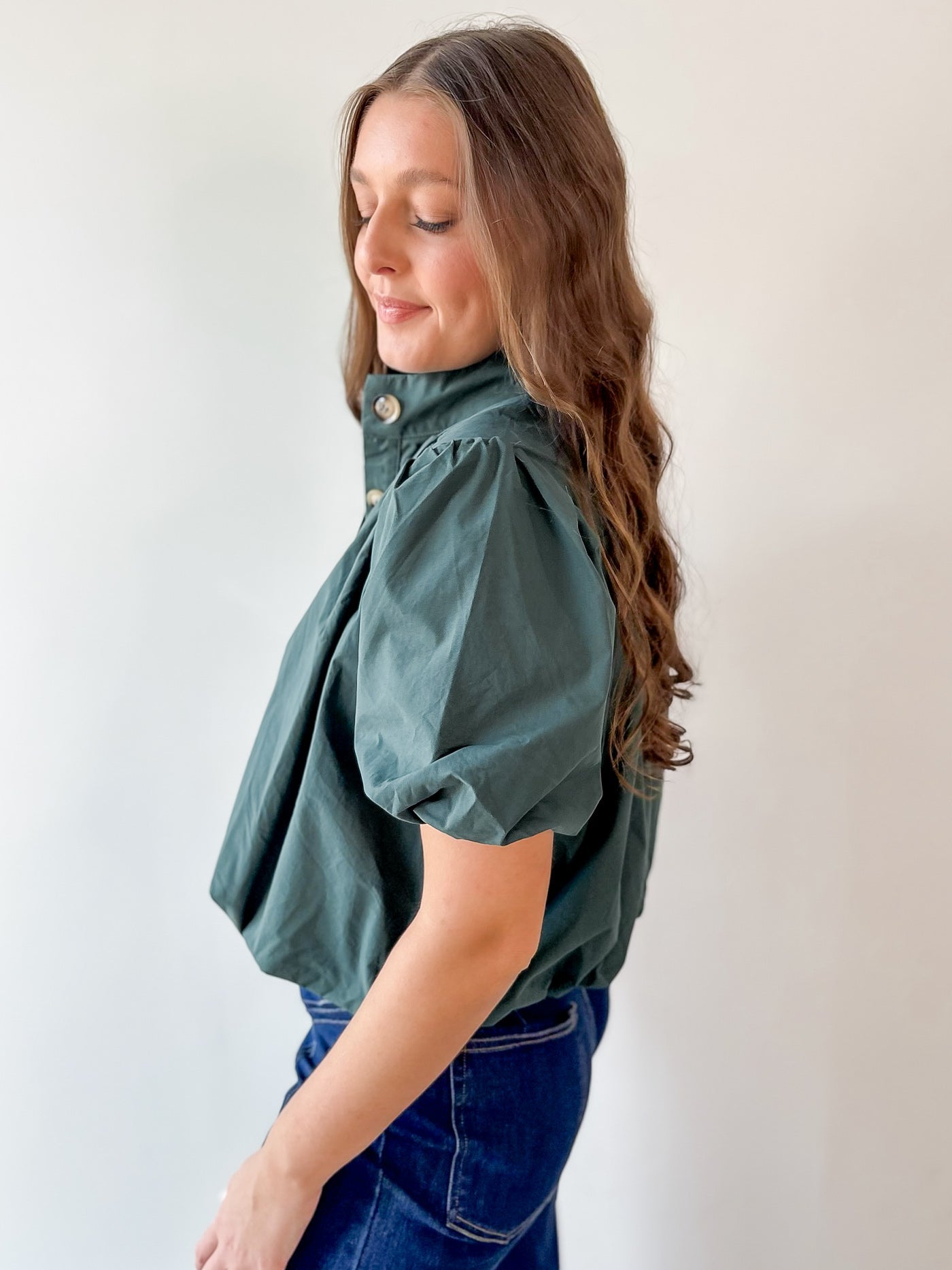 Puff Sleeve Bubble Hem Top- Green