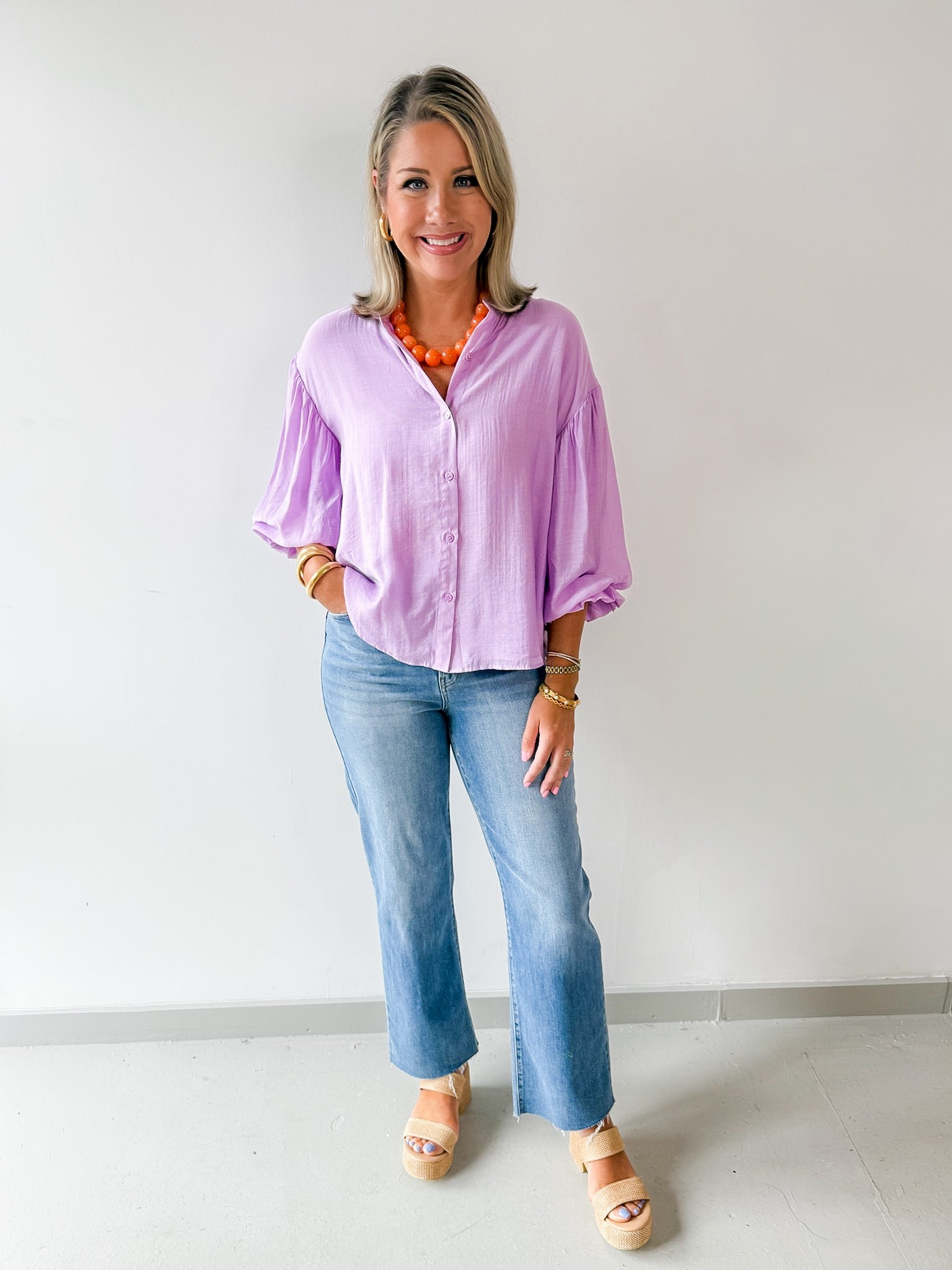 Puff Sleeve Button Down Shirt - Lavender