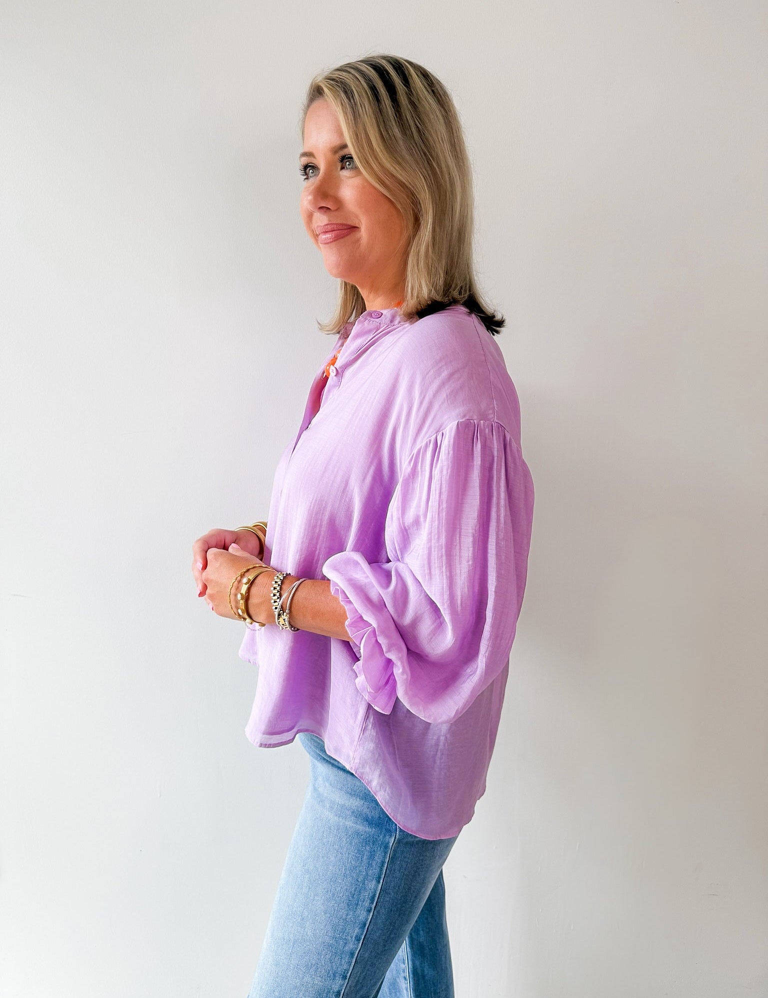 Puff Sleeve Button Down Shirt - Lavender