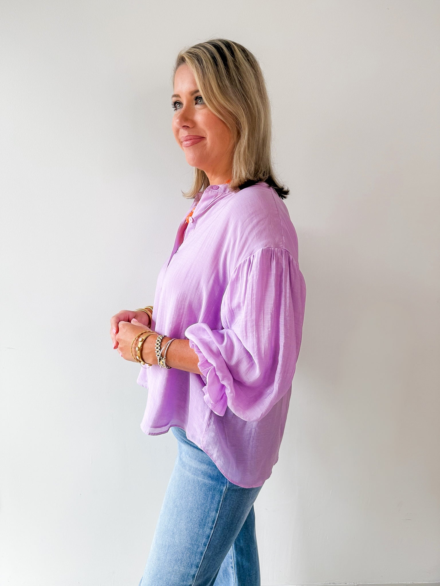 Puff Sleeve Button Down Shirt - Lavender