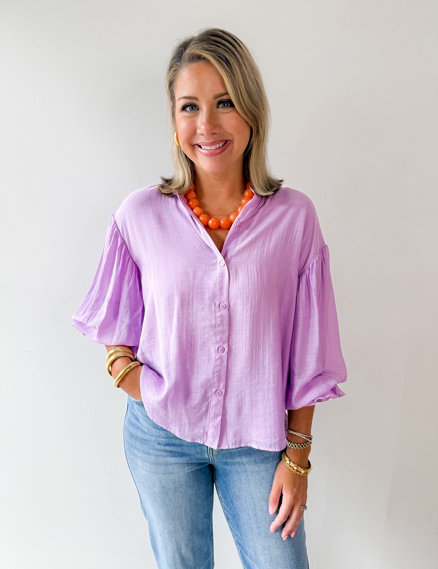 Puff Sleeve Button Down Shirt - Lavender