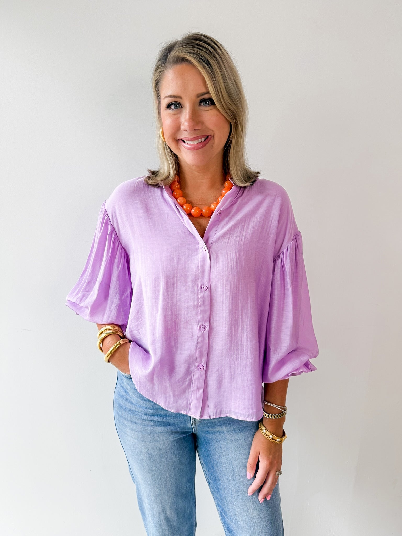 Puff Sleeve Button Down Shirt - Lavender