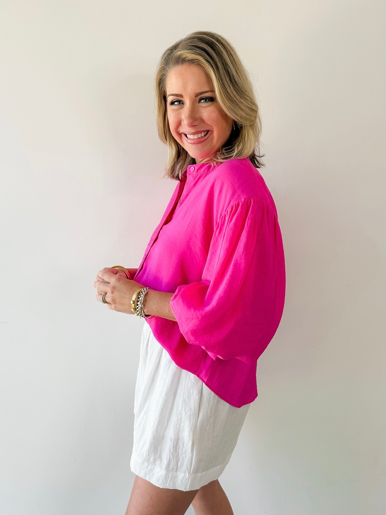 Puff Sleeve Button Down Shirt - Pink