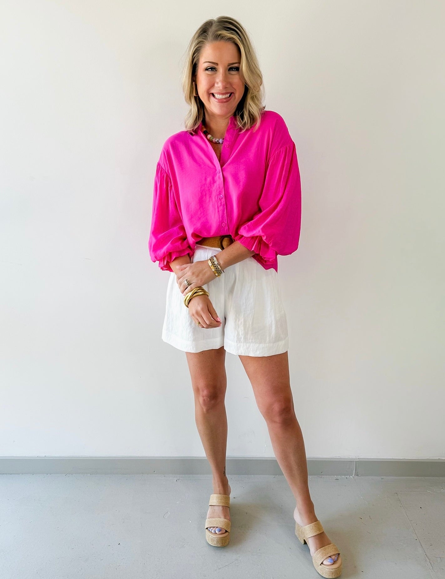 Puff Sleeve Button Down Shirt - Pink