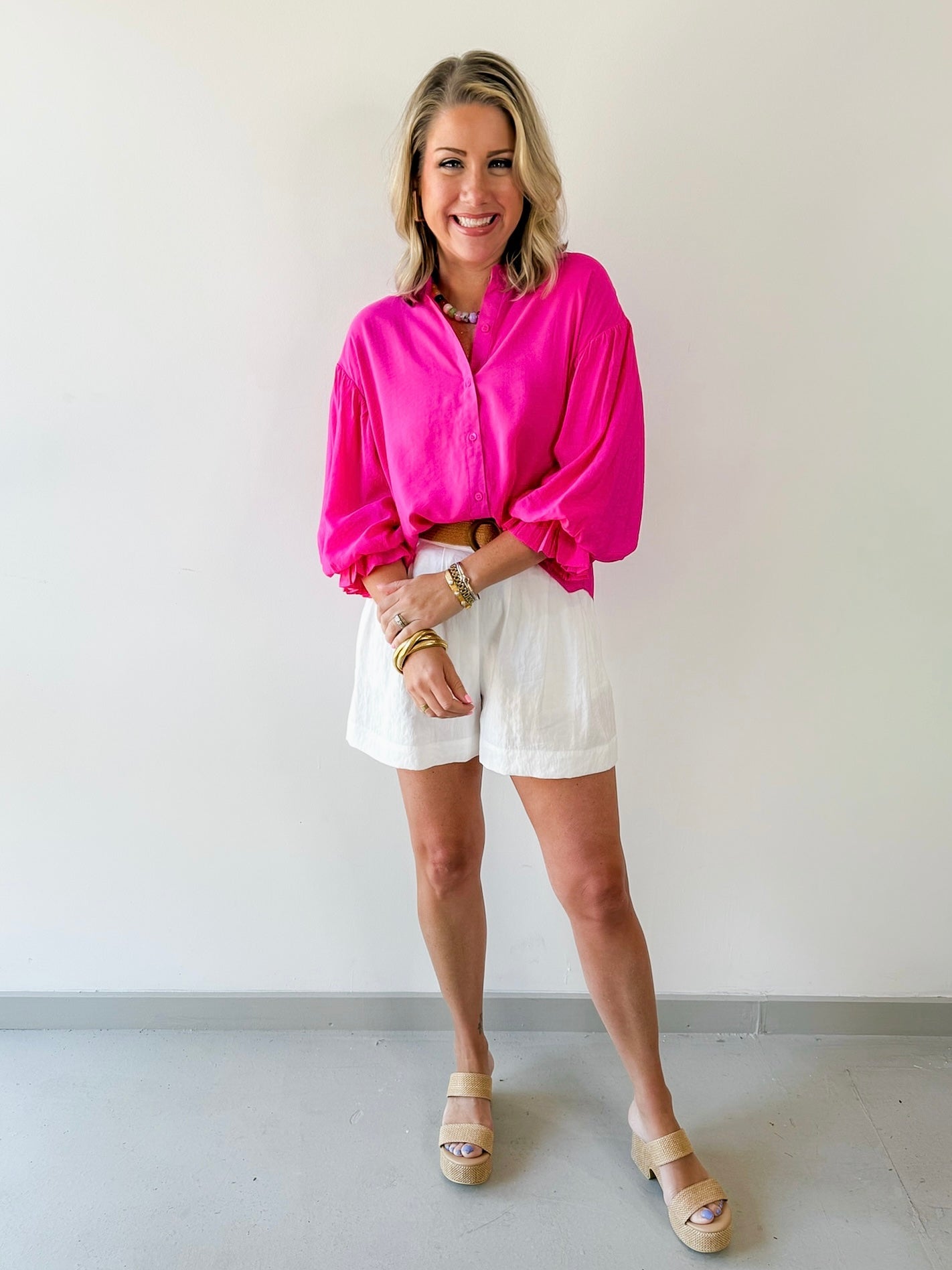Puff Sleeve Button Down Shirt - Pink
