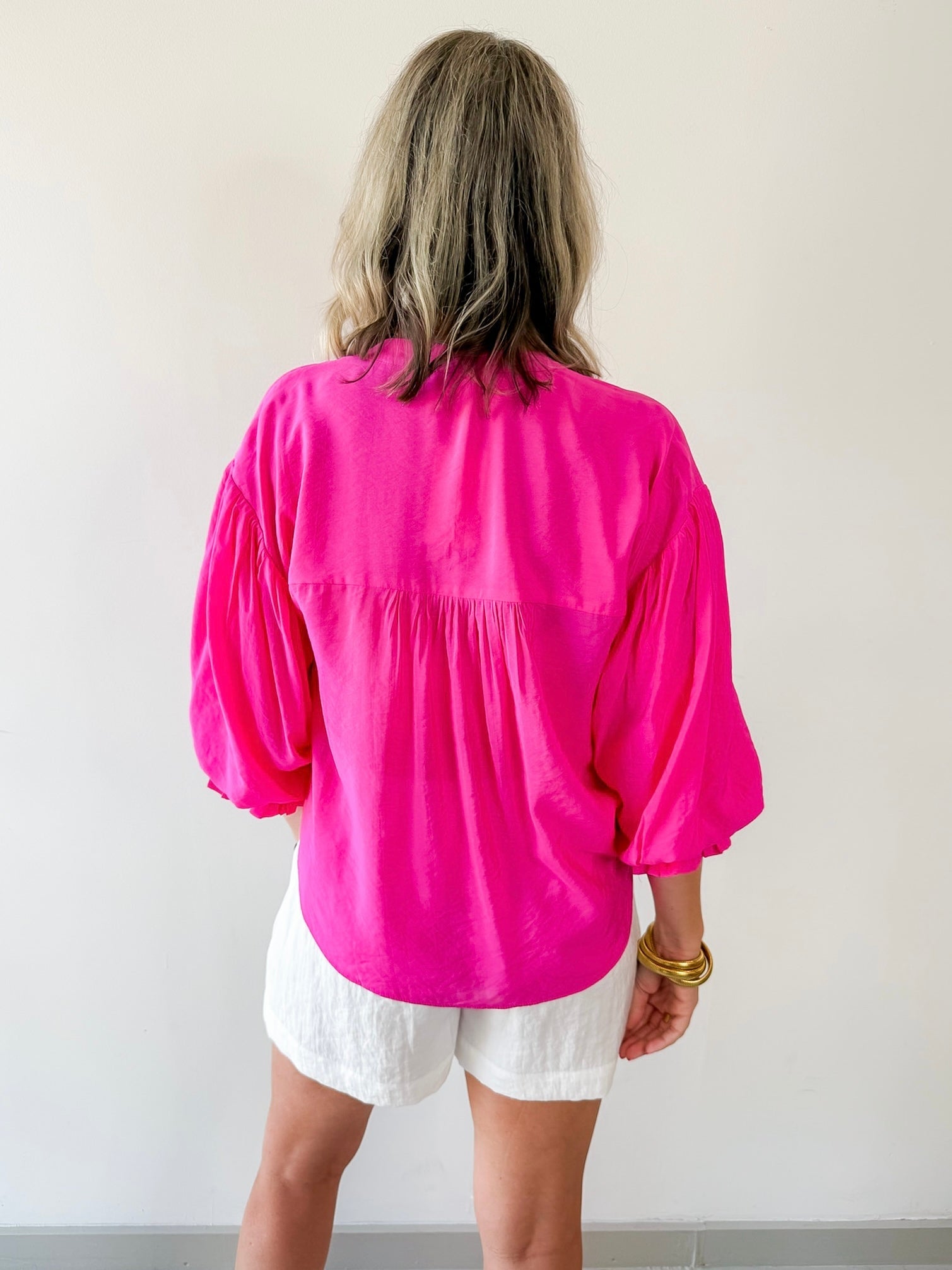 Puff Sleeve Button Down Shirt - Pink