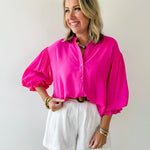 Puff Sleeve Button Down Shirt - Pink