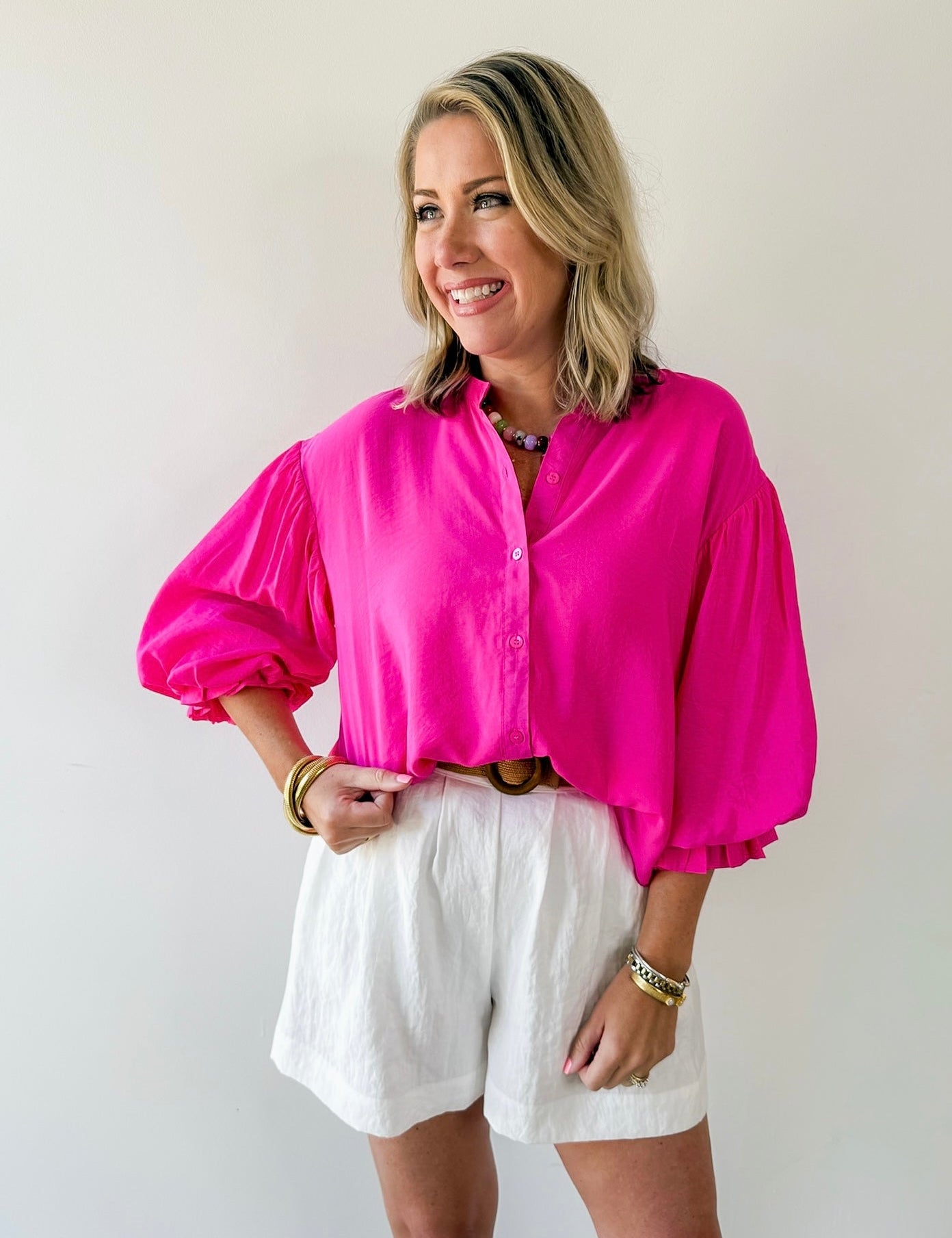 Puff Sleeve Button Down Shirt - Pink