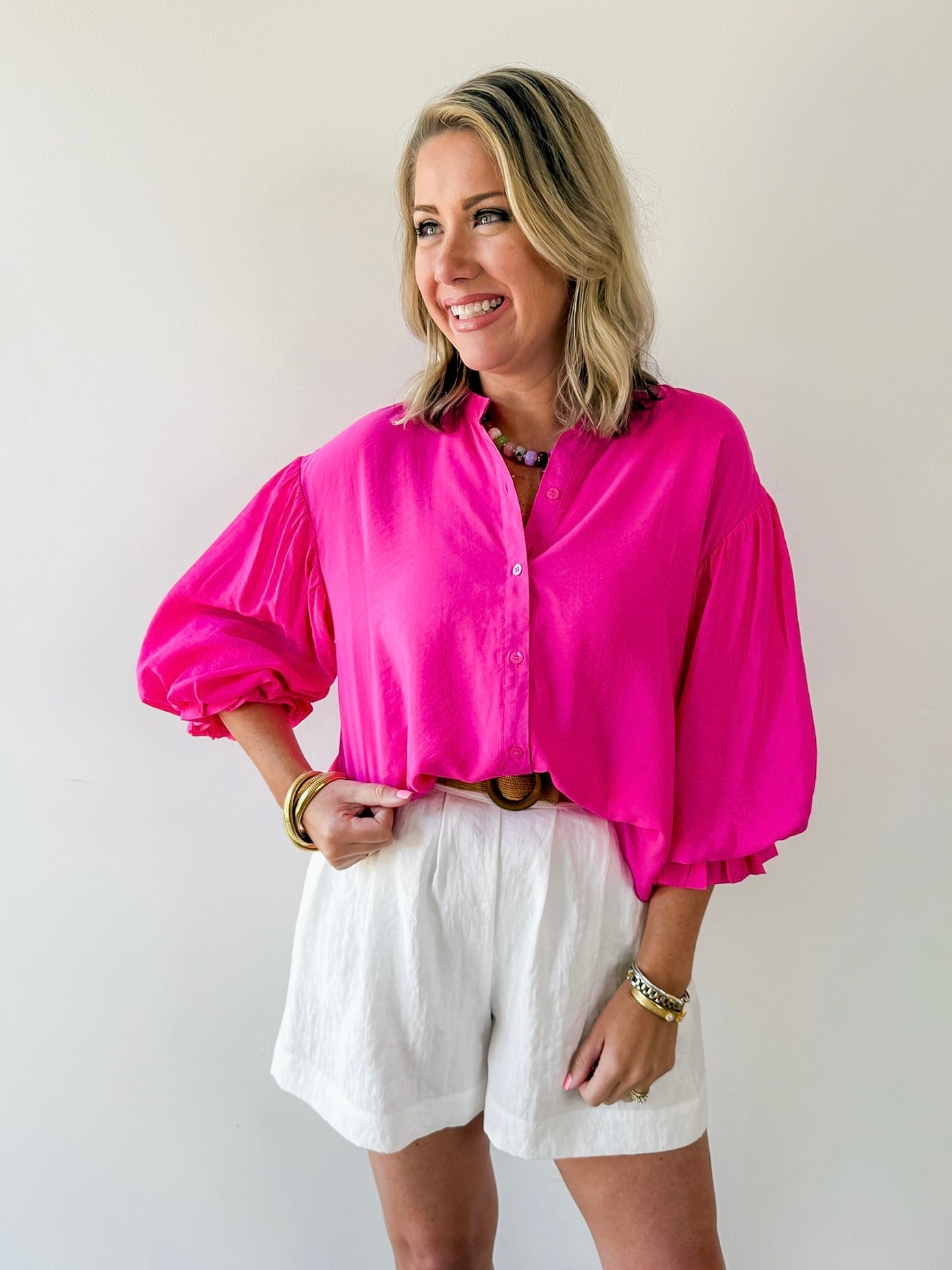 Puff Sleeve Button Down Shirt - Pink