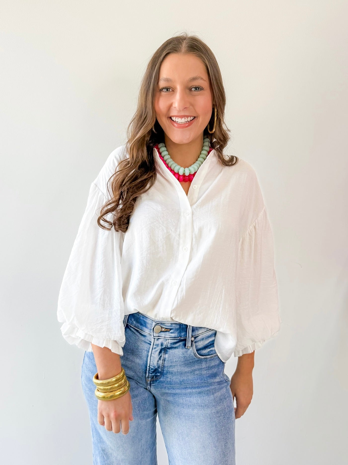 Puff Sleeve Button Down Shirt - White