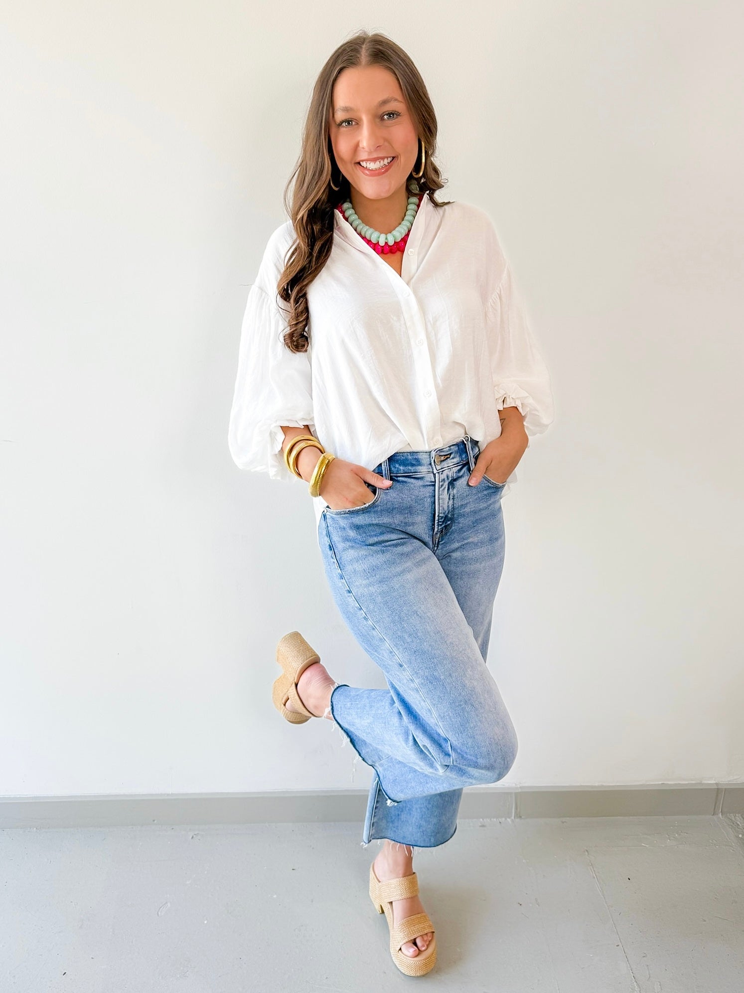 Puff Sleeve Button Down Shirt - White