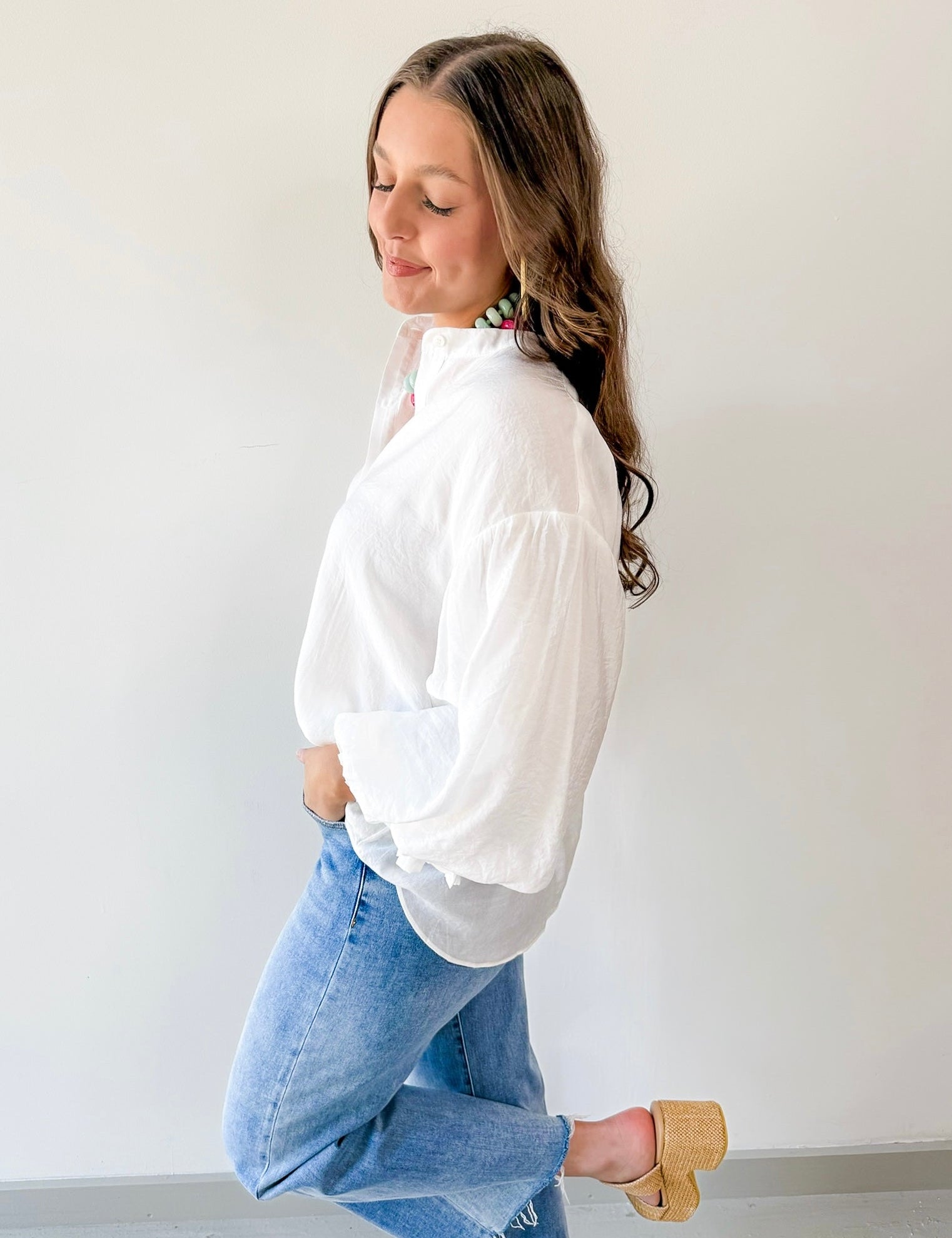 Puff Sleeve Button Down Shirt - White