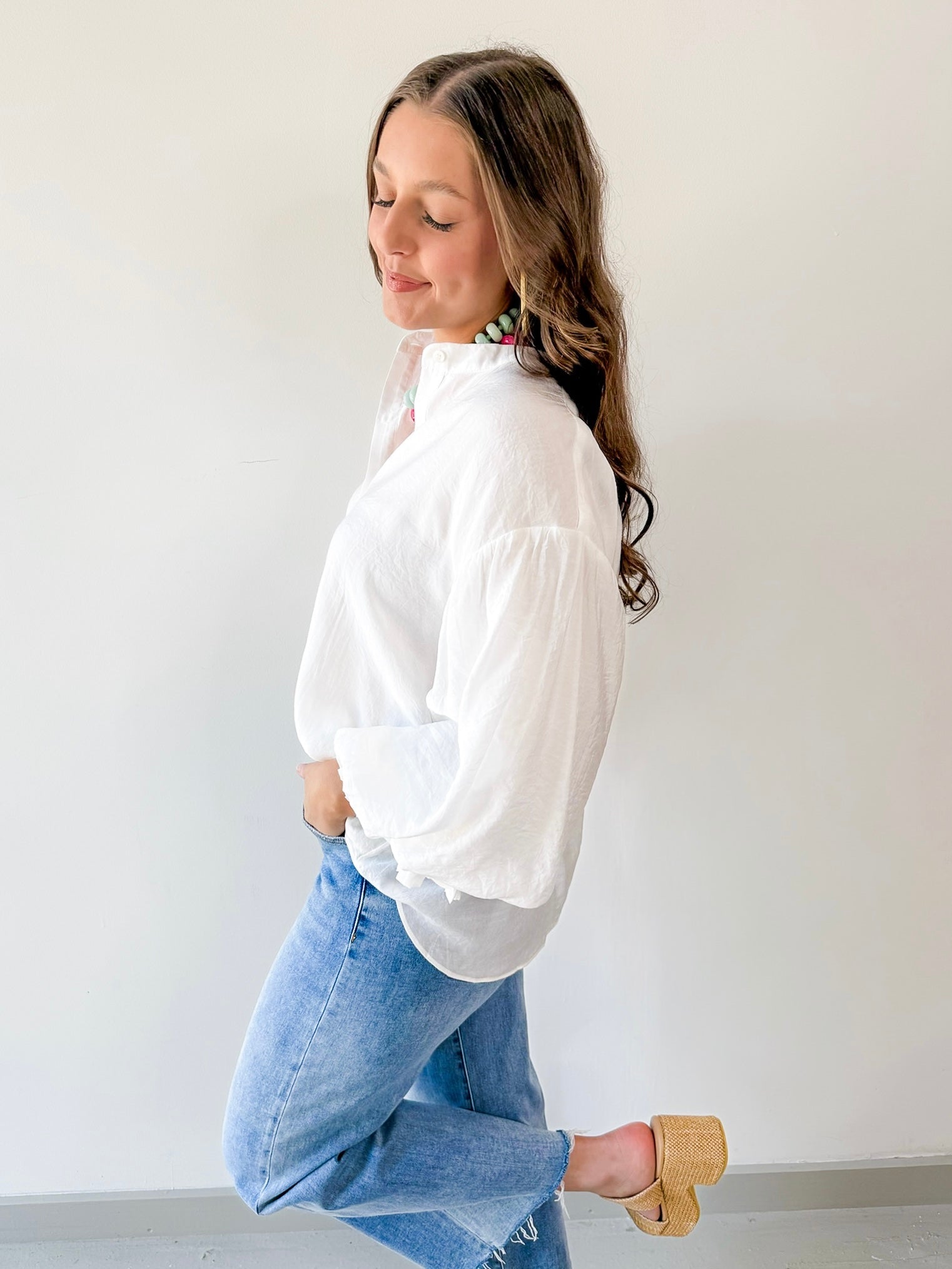 Puff Sleeve Button Down Shirt - White