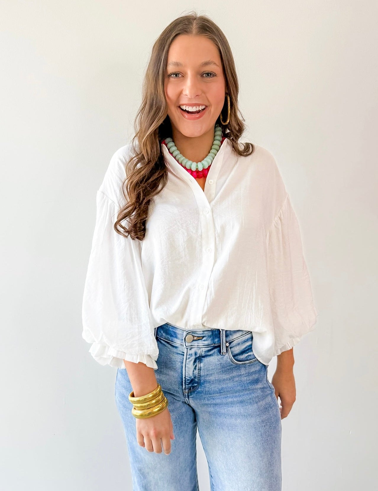 Puff Sleeve Button Down Shirt - White