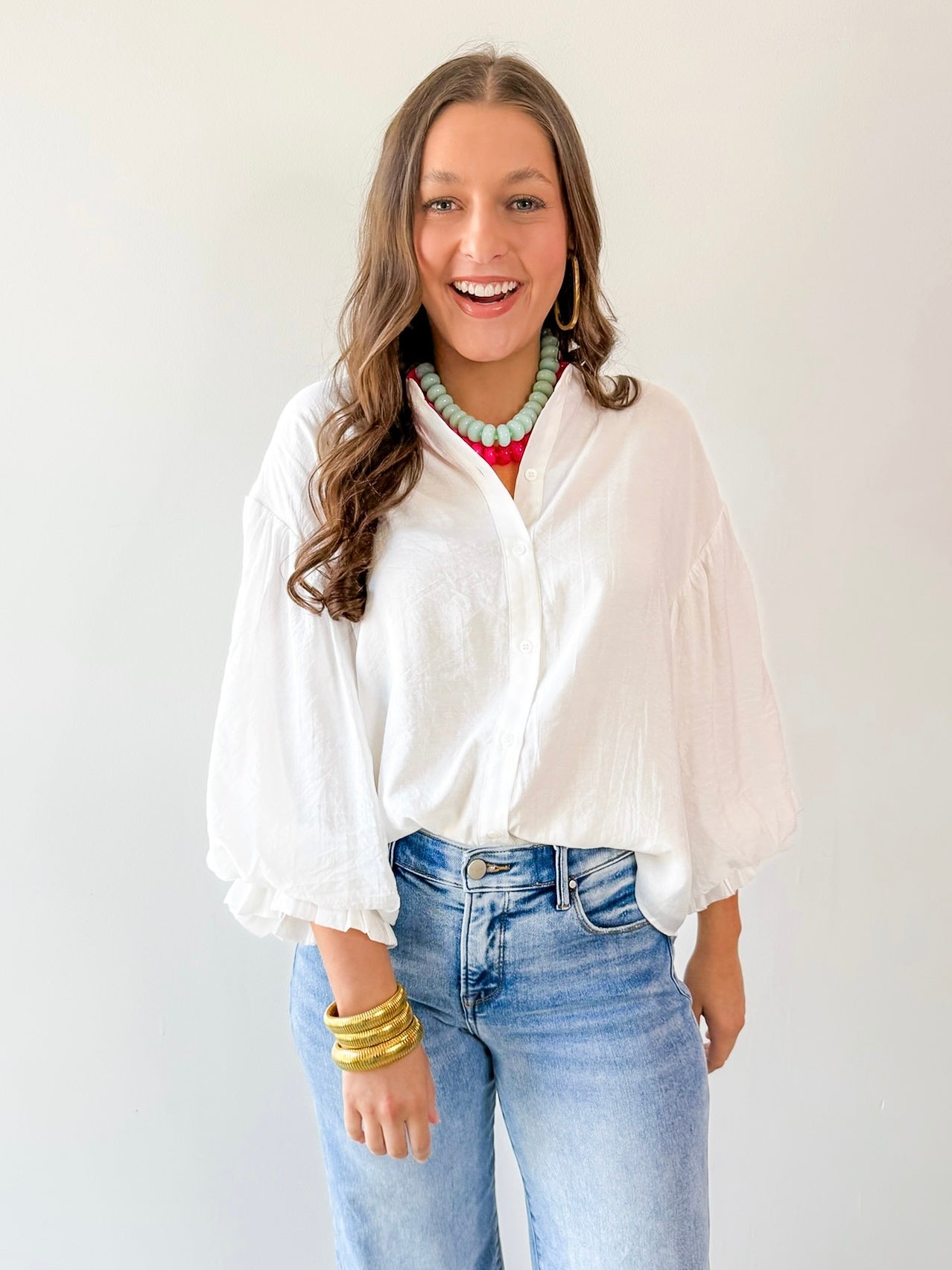 Puff Sleeve Button Down Shirt - White