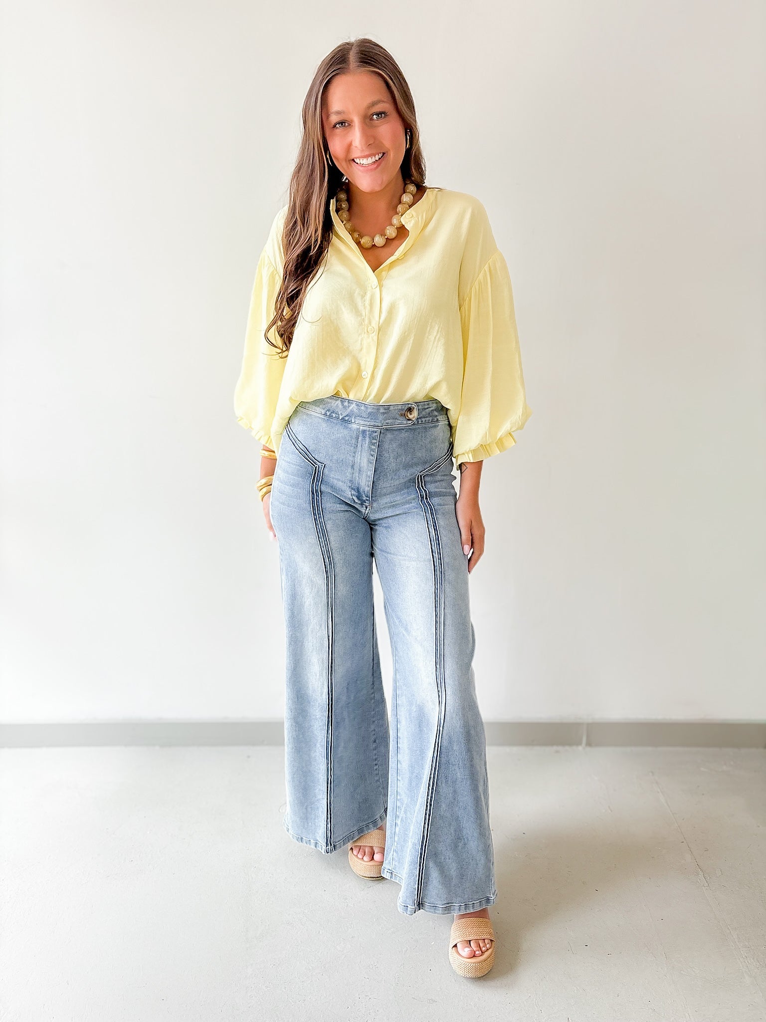 Puff Sleeve Button Shirt - Yellow