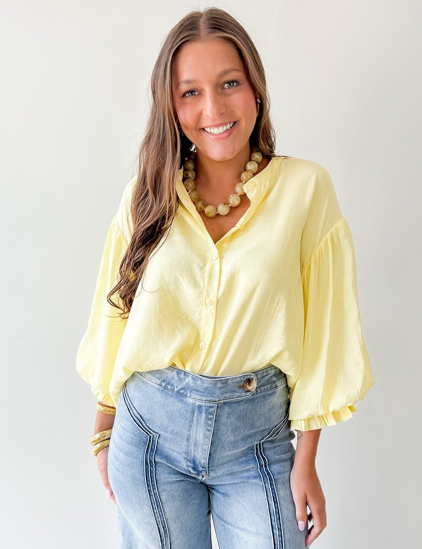 Puff Sleeve Button Shirt - Yellow