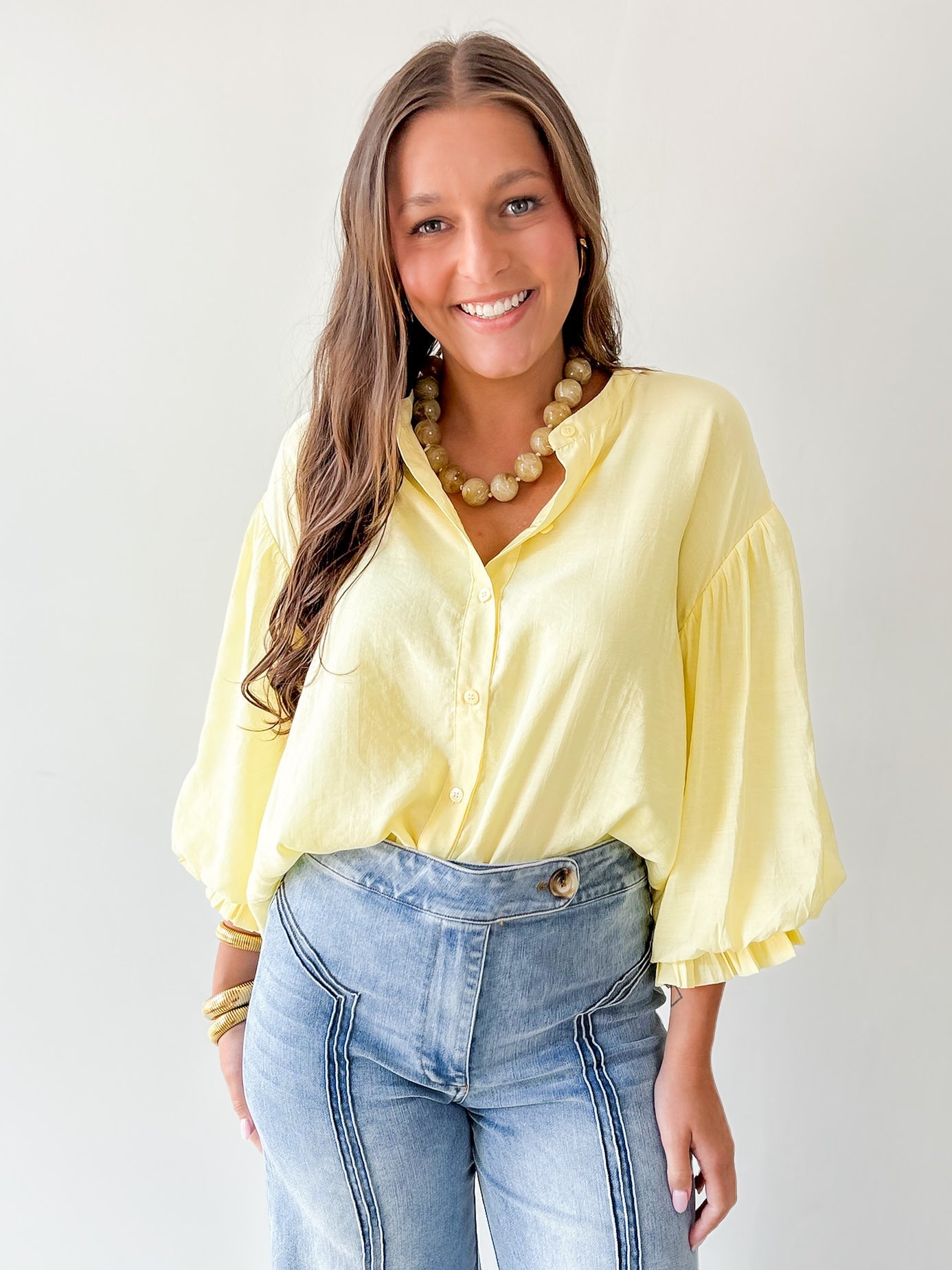 Puff Sleeve Button Shirt - Yellow