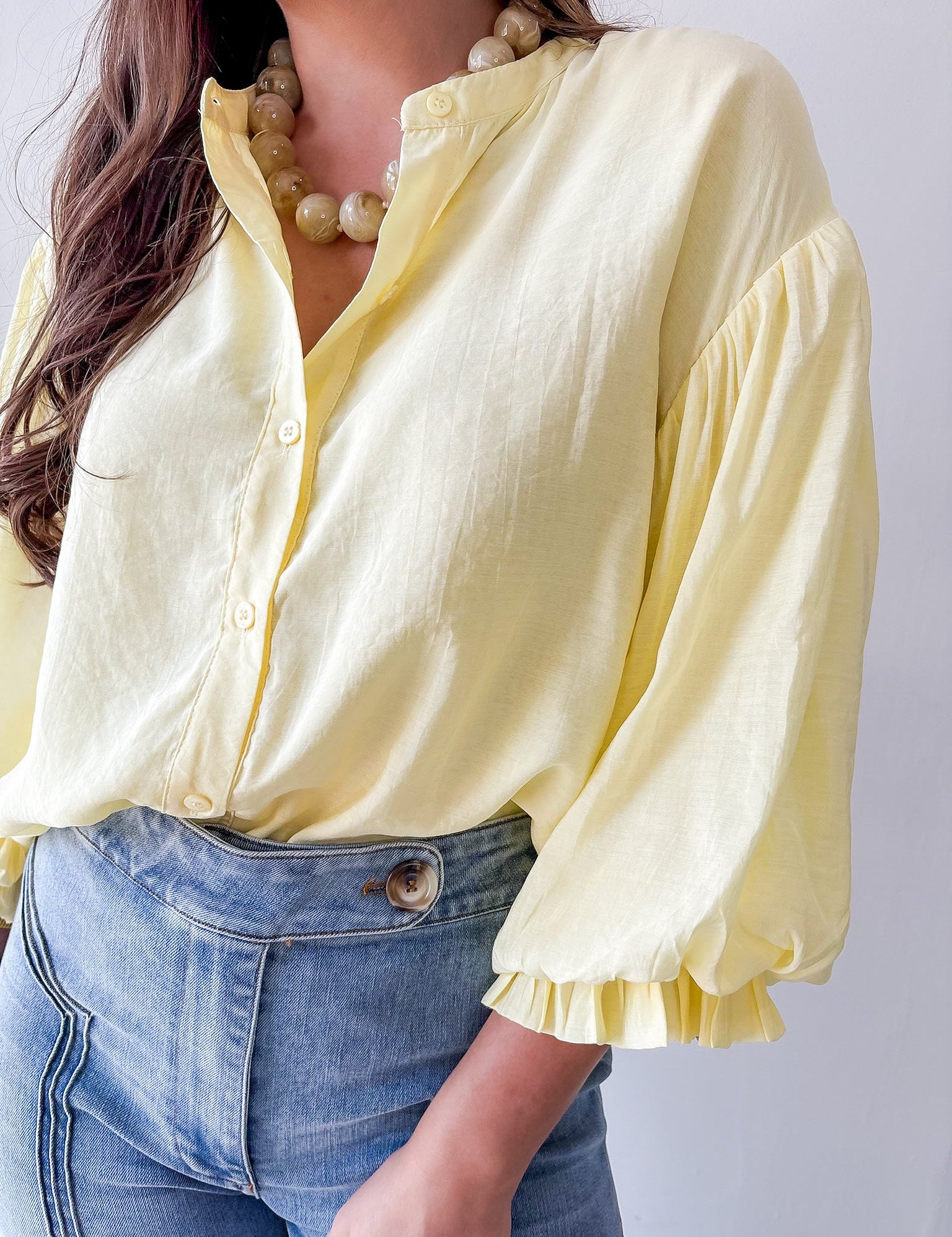 Puff Sleeve Button Shirt - Yellow