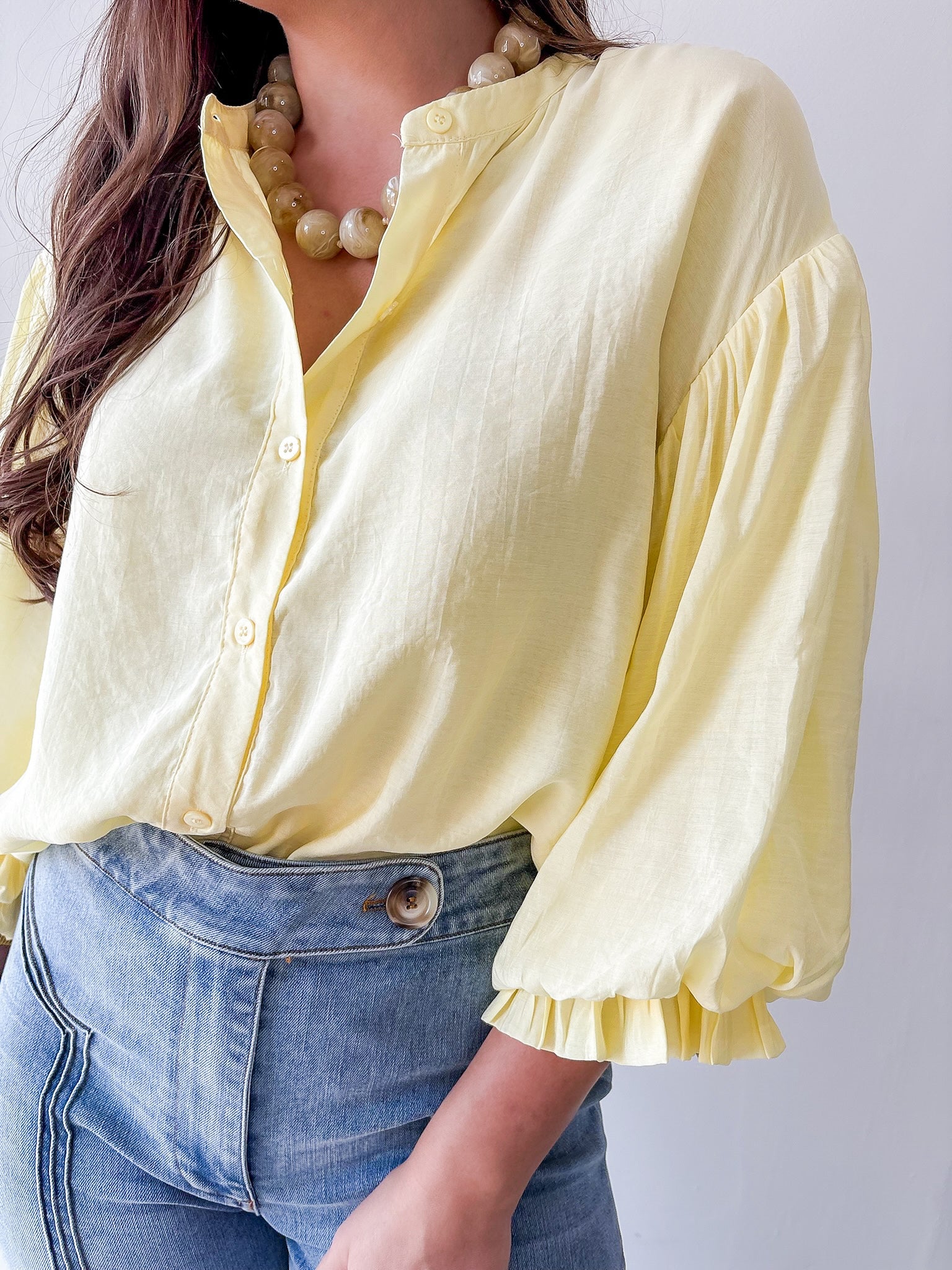 Puff Sleeve Button Shirt - Yellow