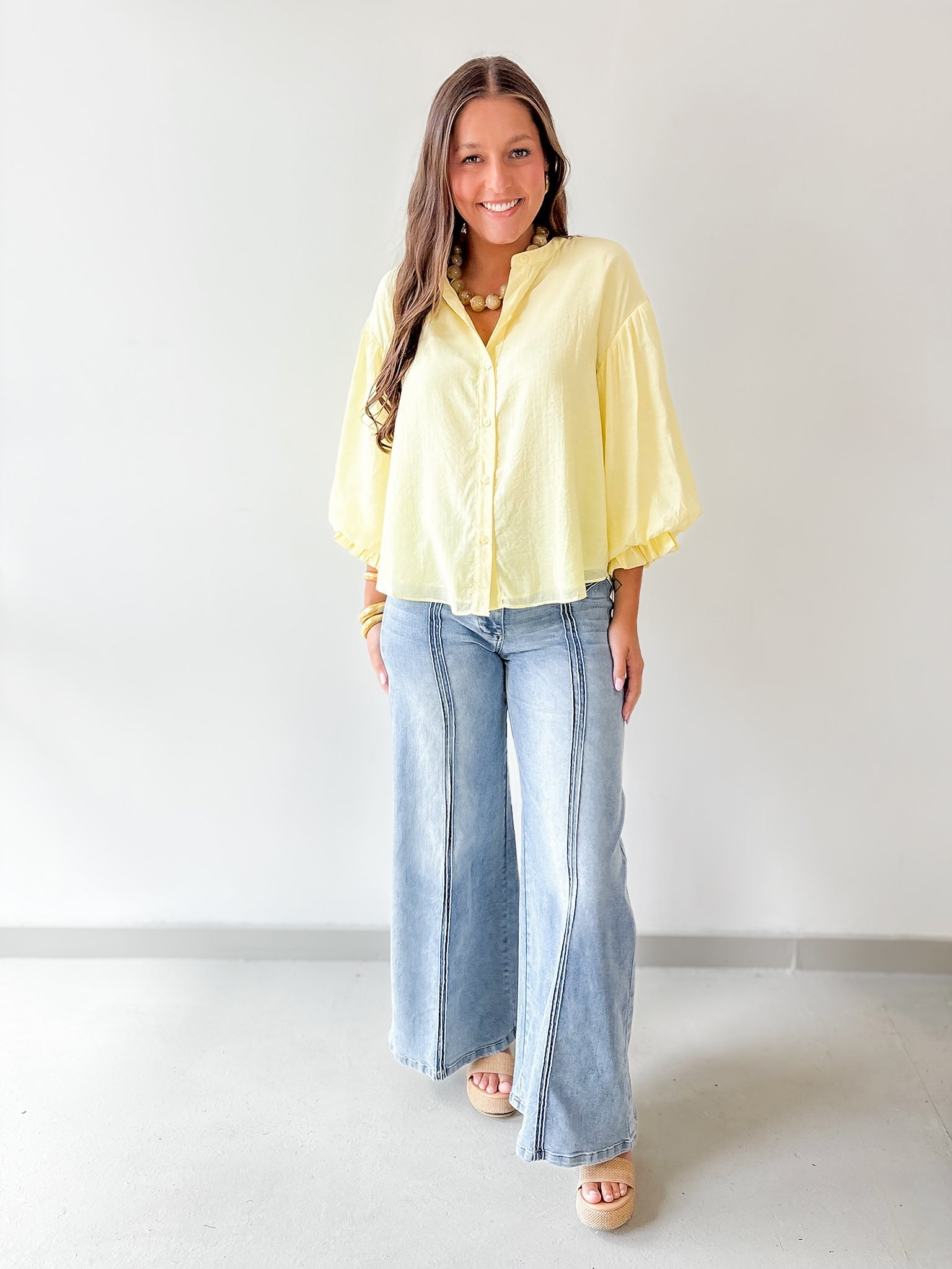 Puff Sleeve Button Shirt - Yellow