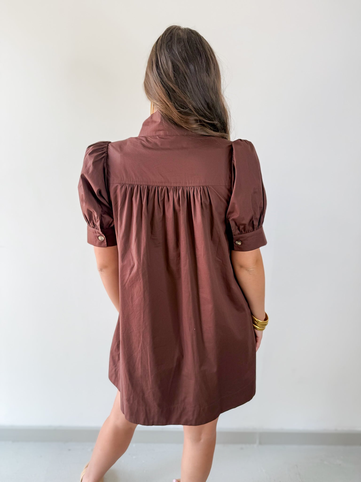 Puff Sleeve Buttoned Mini Dress - Brown