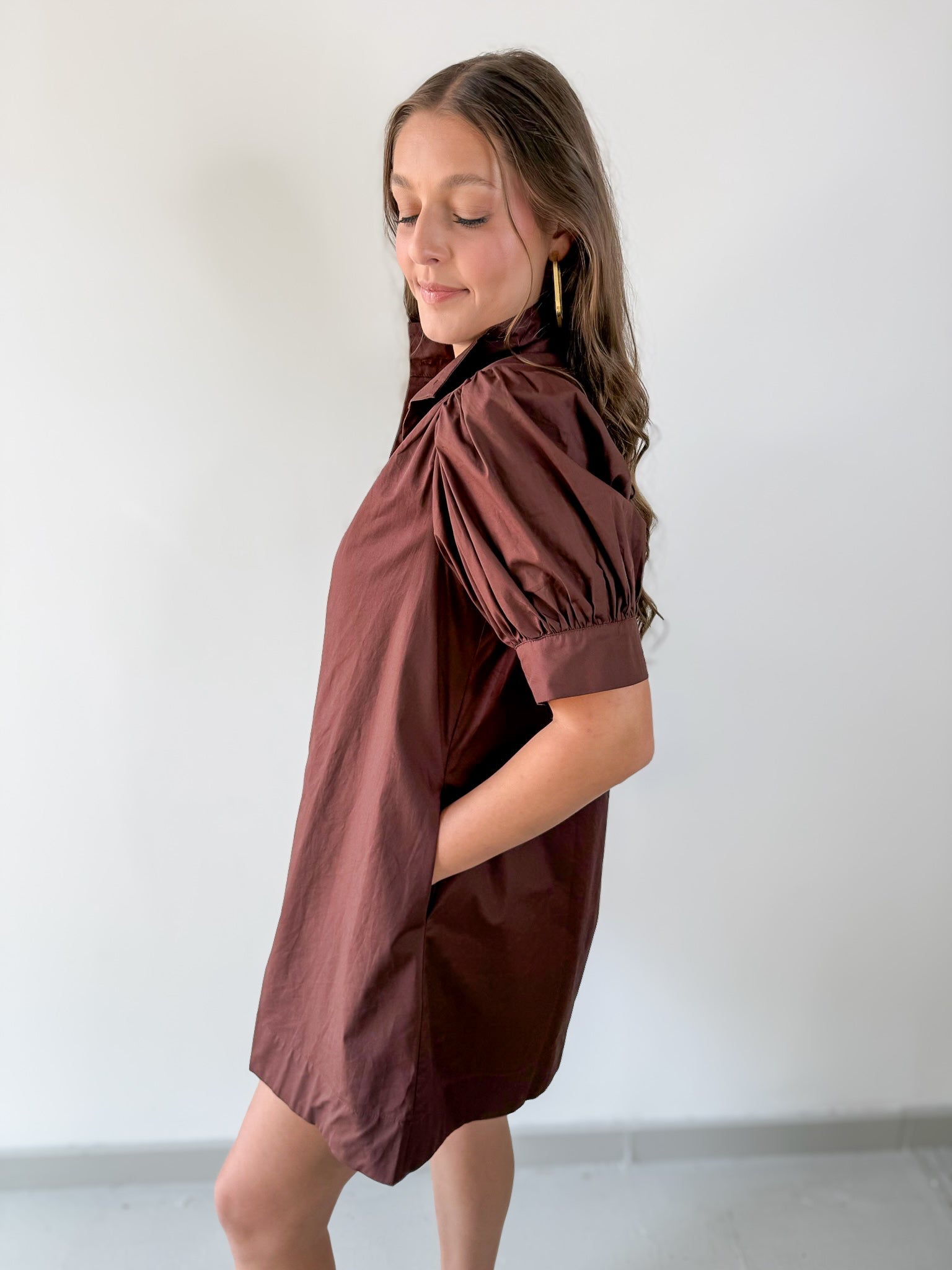 Puff Sleeve Buttoned Mini Dress - Brown
