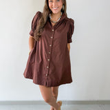 Puff Sleeve Buttoned Mini Dress - Brown