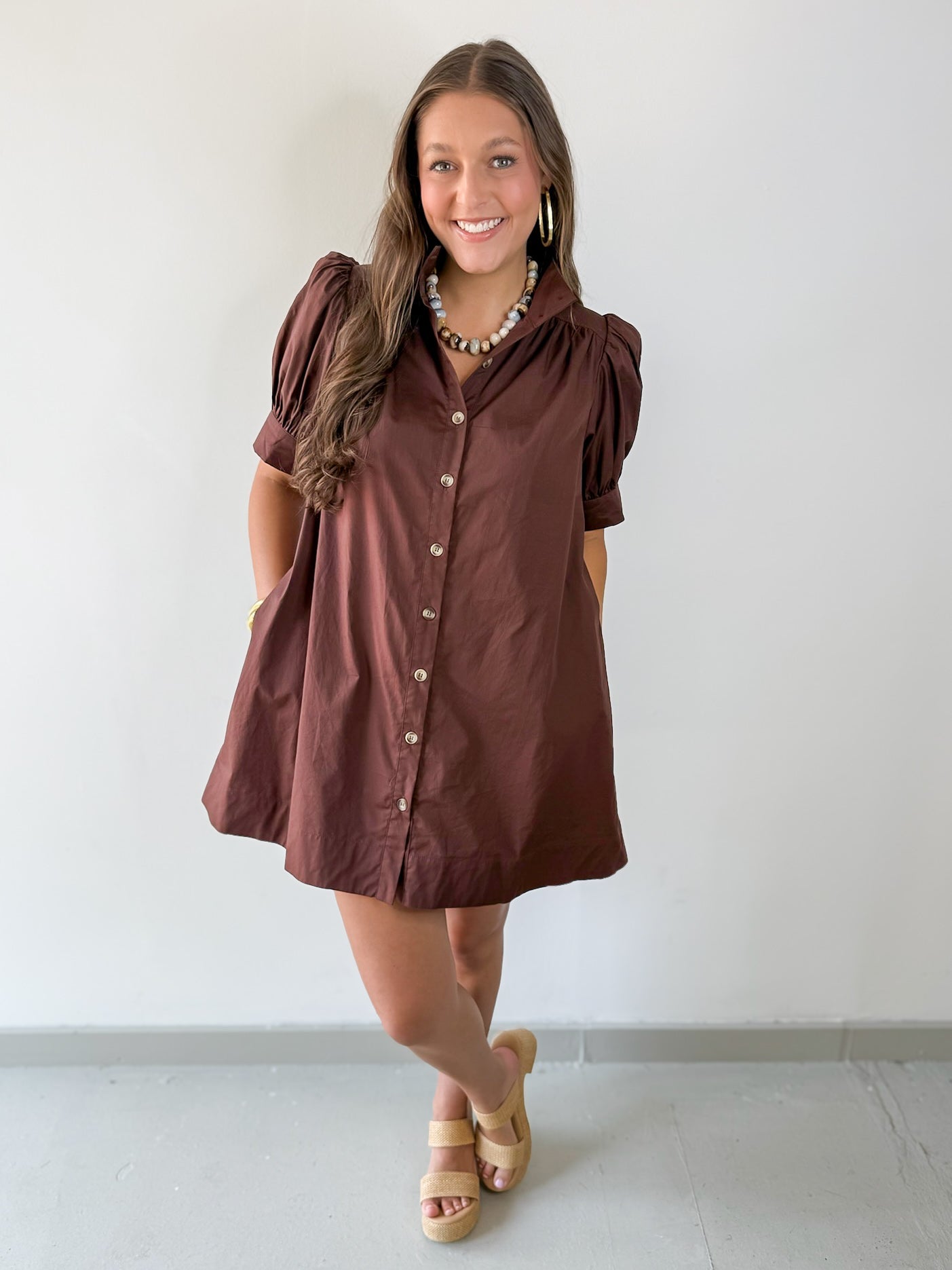 Puff Sleeve Buttoned Mini Dress - Brown