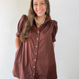 Puff Sleeve Buttoned Mini Dress - Brown