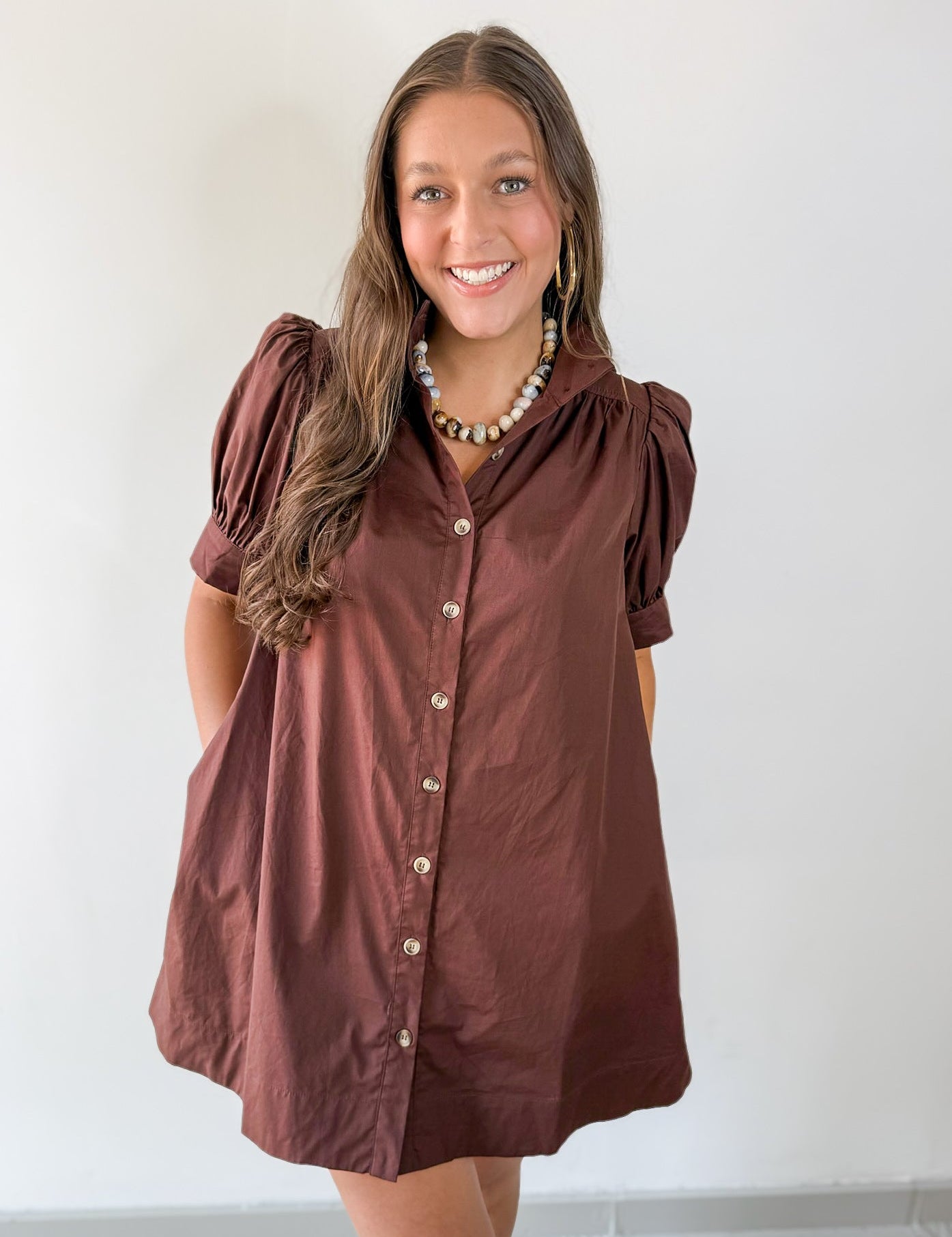 Puff Sleeve Buttoned Mini Dress - Brown