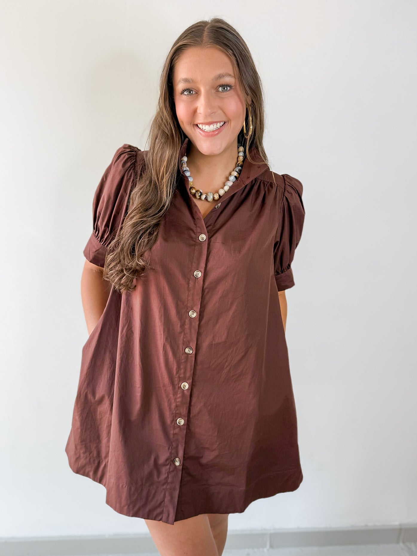 Puff Sleeve Buttoned Mini Dress - Brown