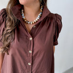 Puff Sleeve Buttoned Mini Dress - Brown