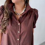 Puff Sleeve Buttoned Mini Dress - Brown