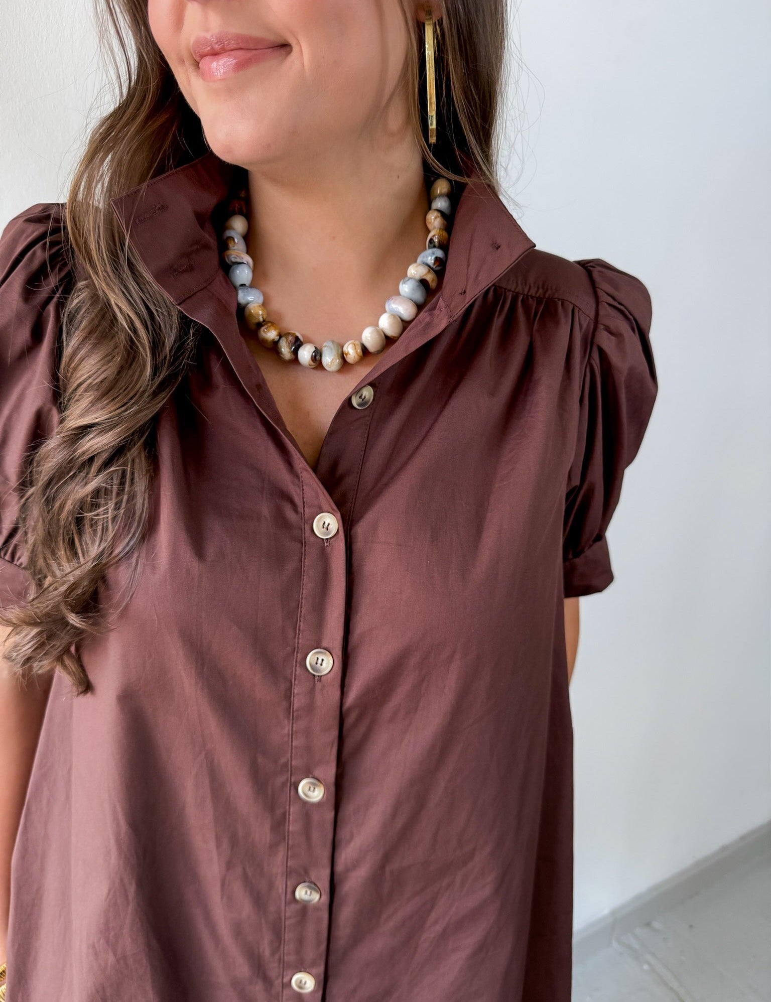 Puff Sleeve Buttoned Mini Dress - Brown