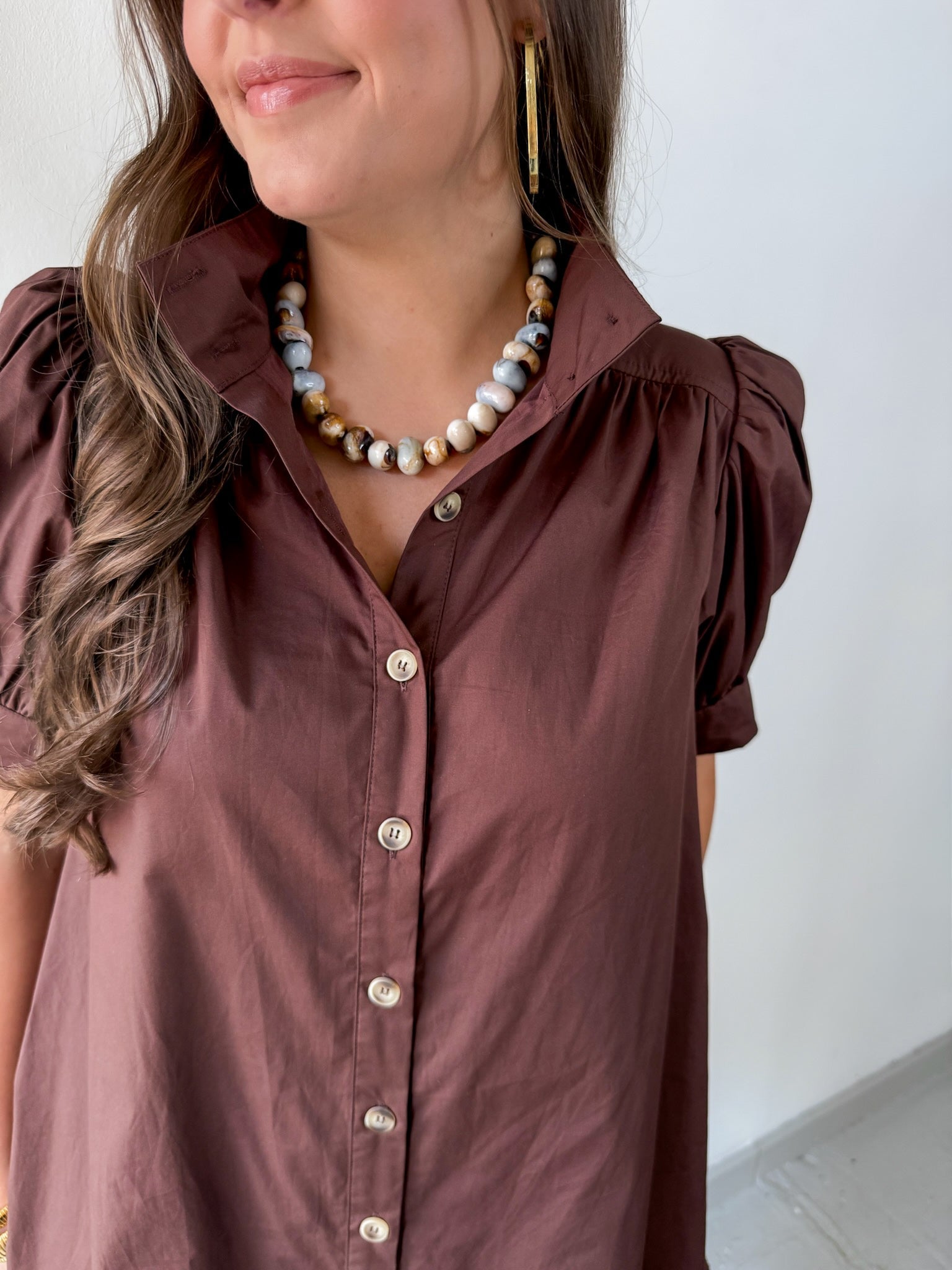 Puff Sleeve Buttoned Mini Dress - Brown