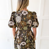 Puff Sleeve Cinched Dress- Brown