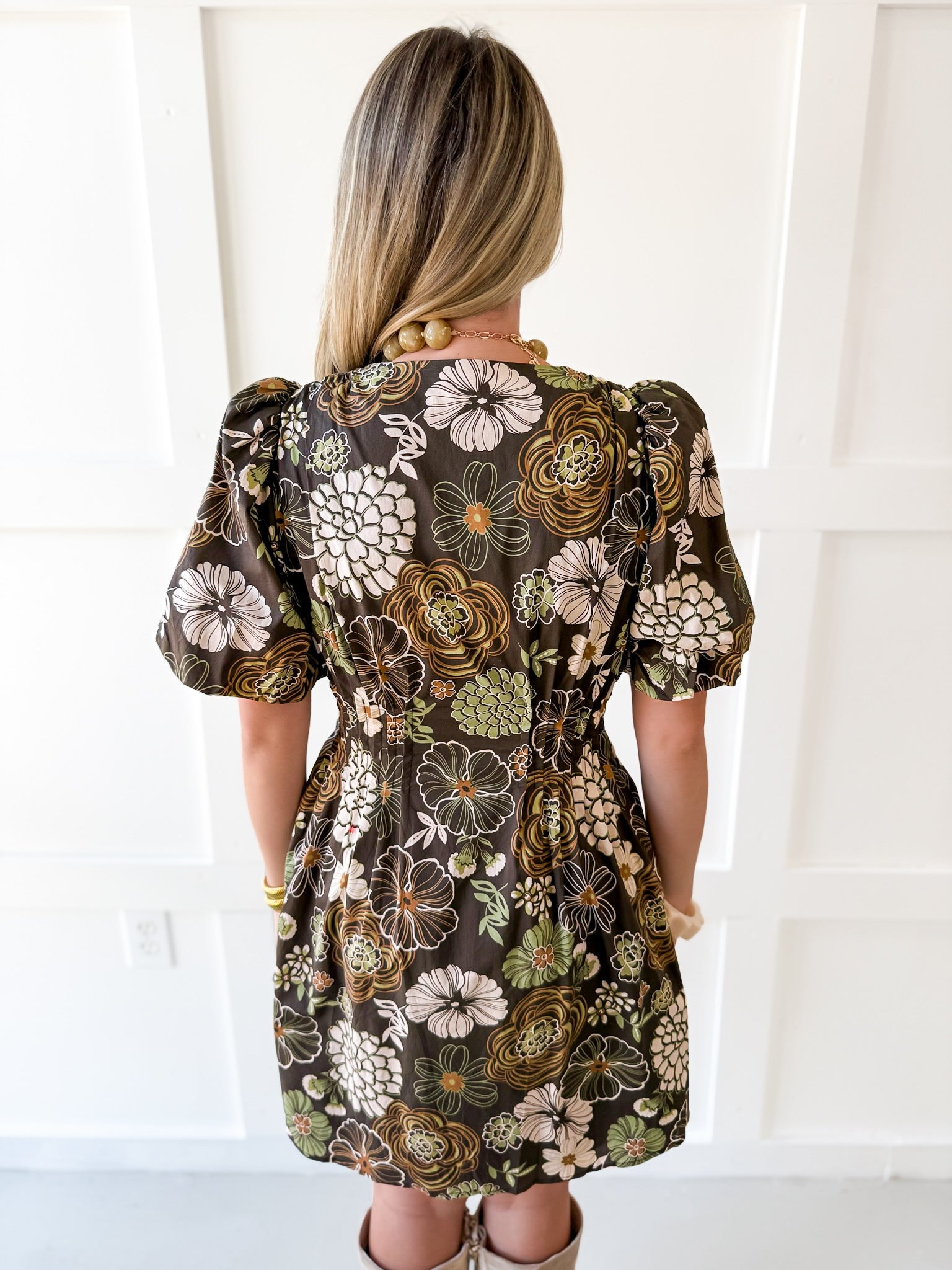 Puff Sleeve Cinched Dress- Brown