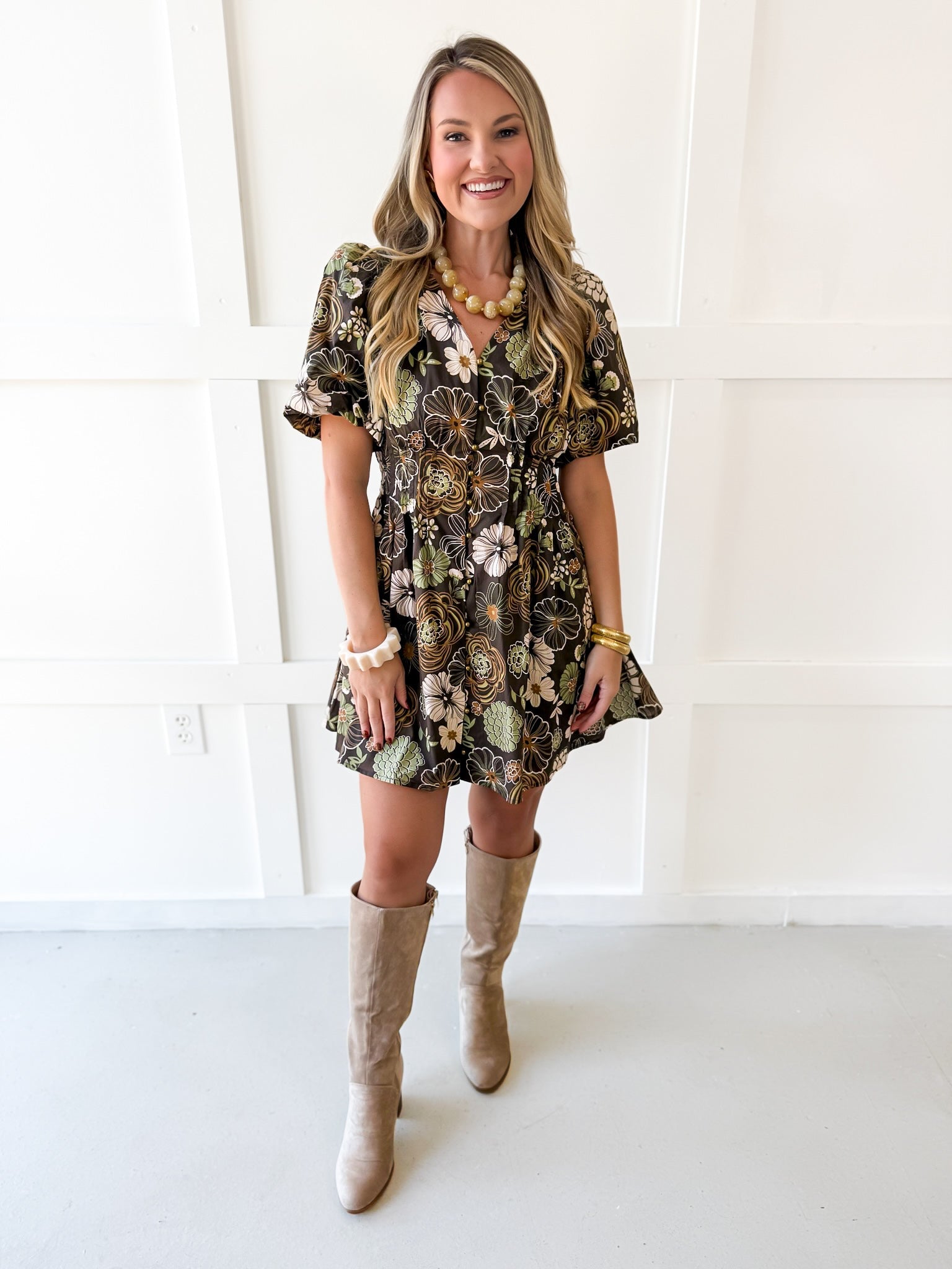 Puff Sleeve Cinched Dress- Brown