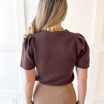 Puff Sleeve Knit Top - Brown
