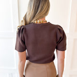 Puff Sleeve Knit Top - Brown