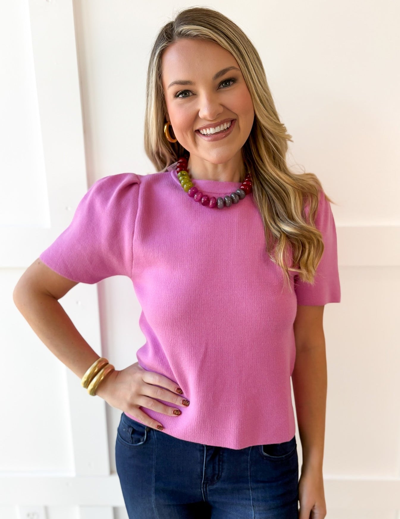 Puff Sleeve Knit Top - Pink