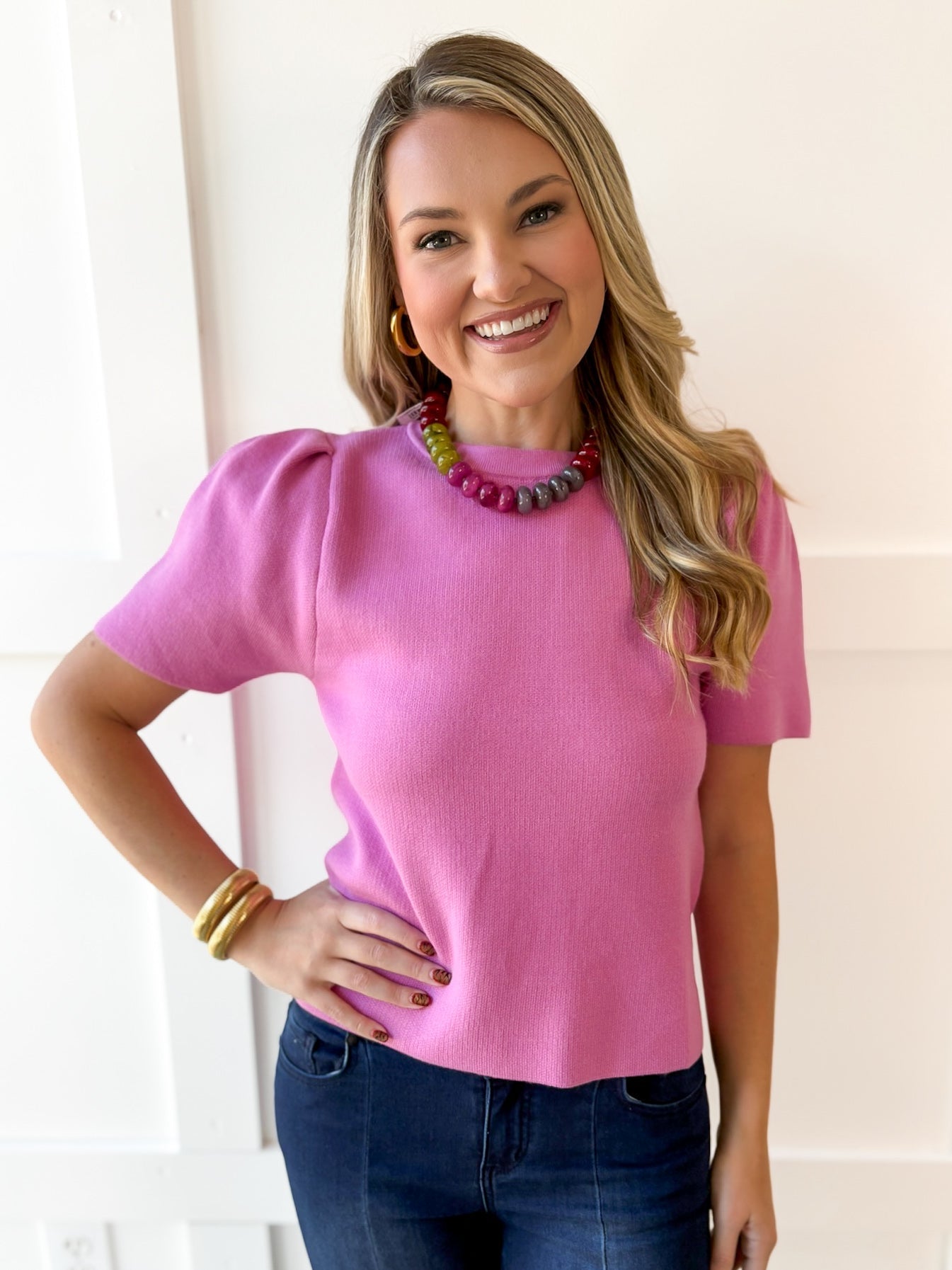 Puff Sleeve Knit Top - Pink