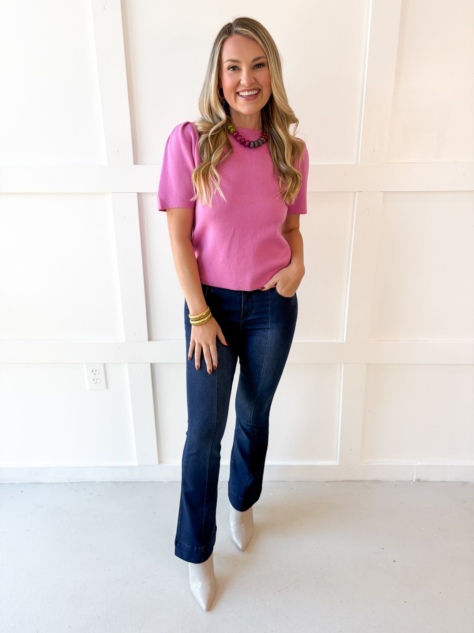 Puff Sleeve Knit Top - Pink