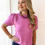 Puff Sleeve Knit Top - Pink