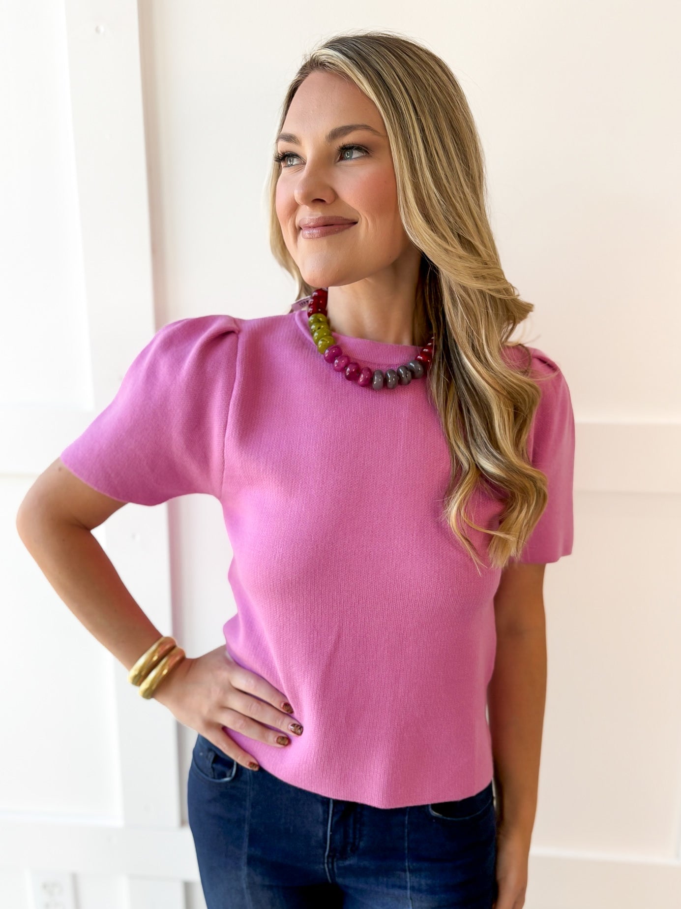 Puff Sleeve Knit Top - Pink