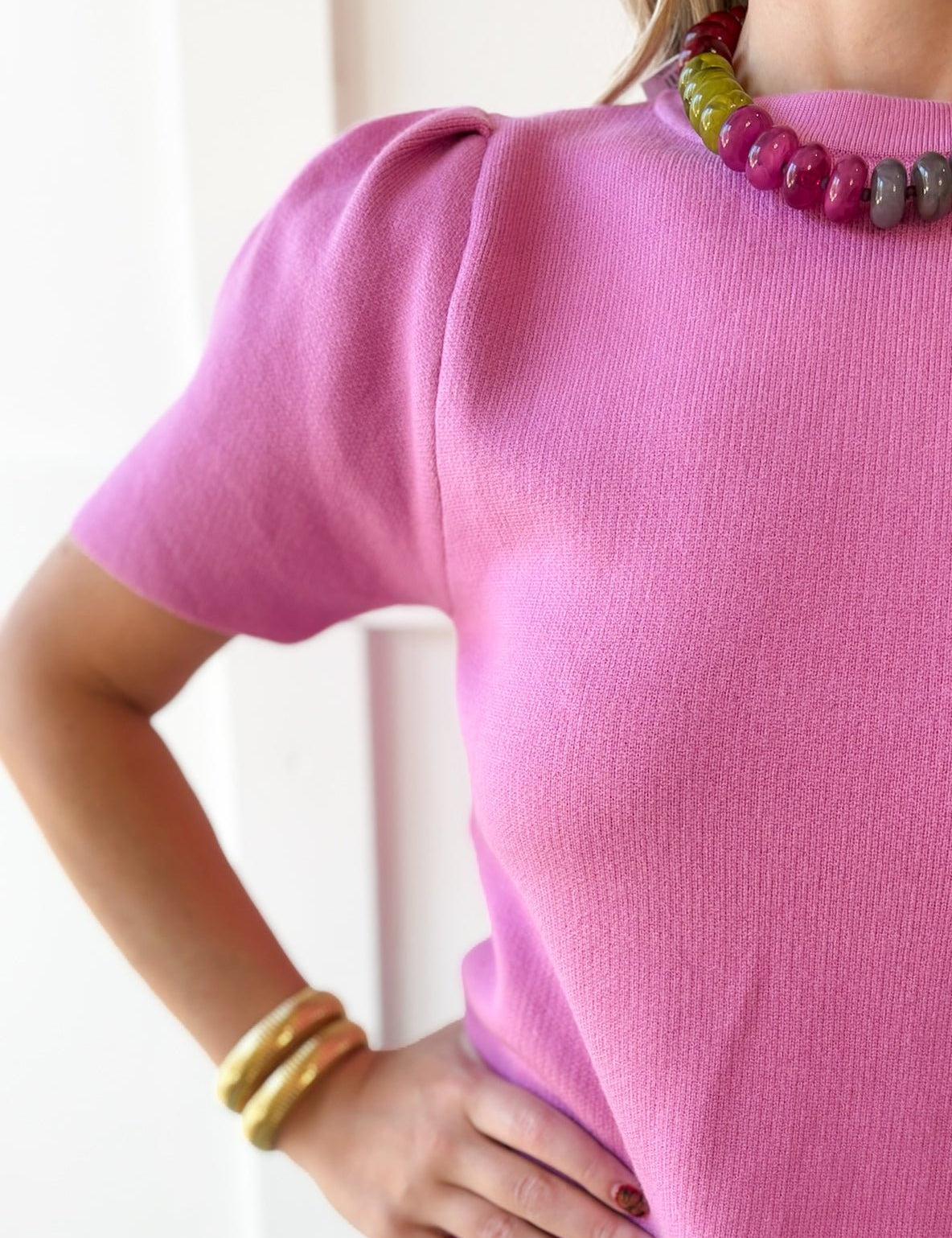 Puff Sleeve Knit Top - Pink