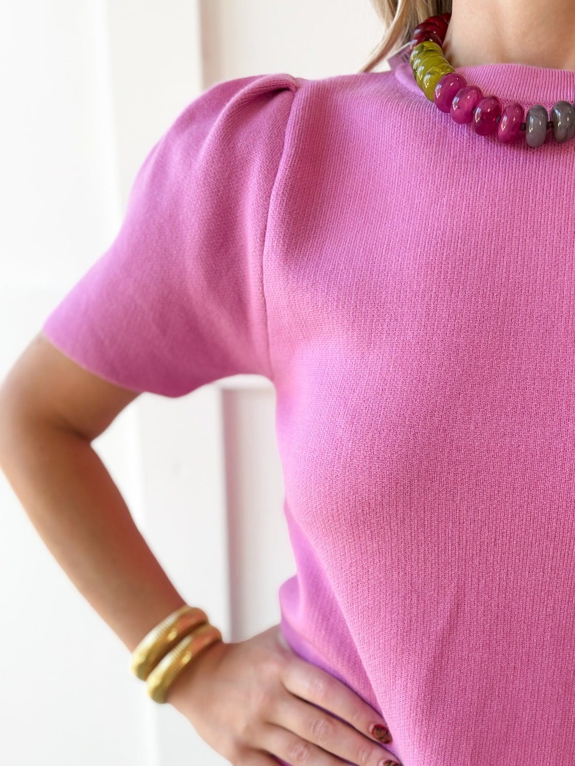 Puff Sleeve Knit Top - Pink